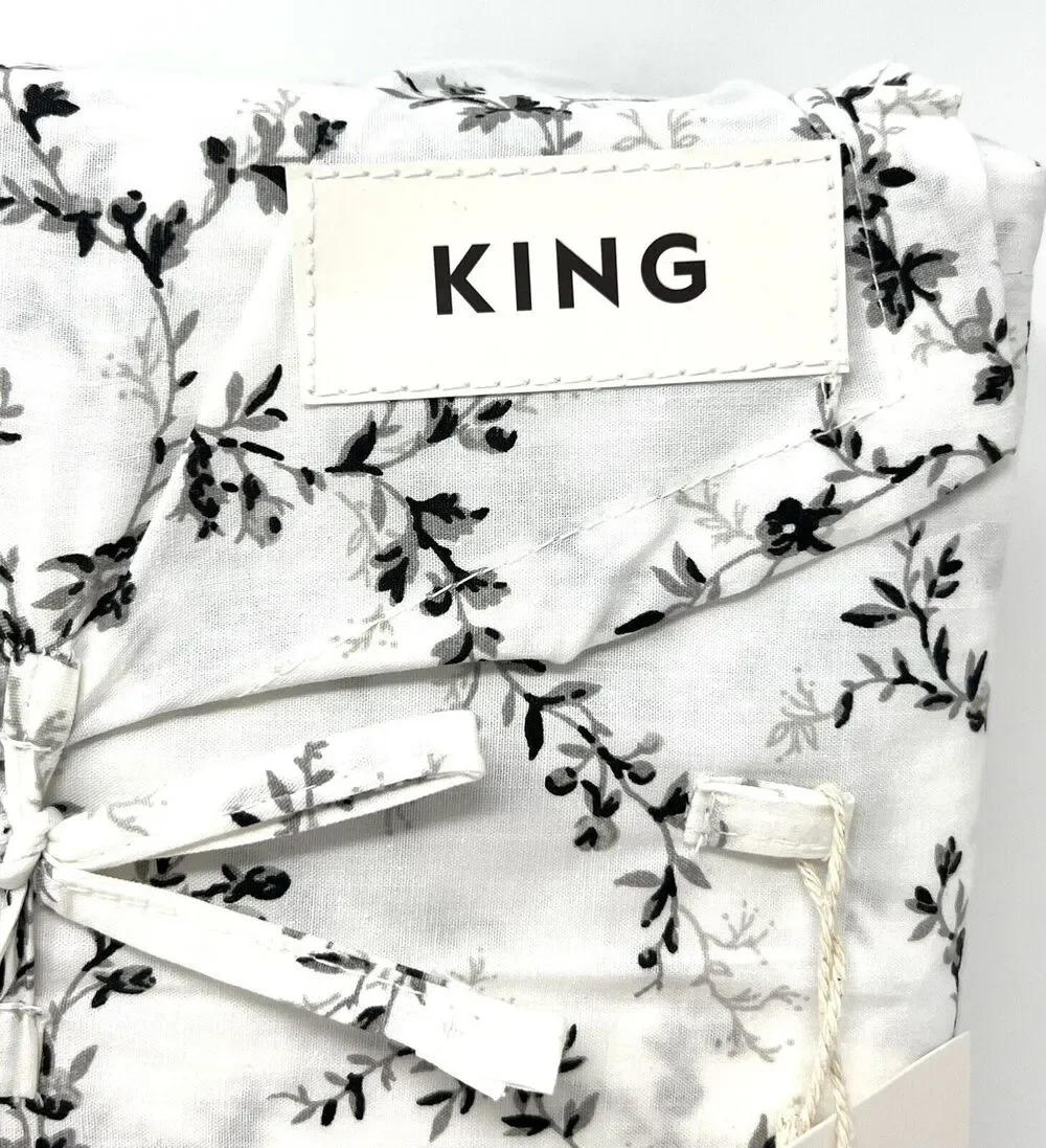 Laura Ashley Percale Cotton KING Sheet Set BLACK White SARAHS SPRIG 4 Pcs. NWT